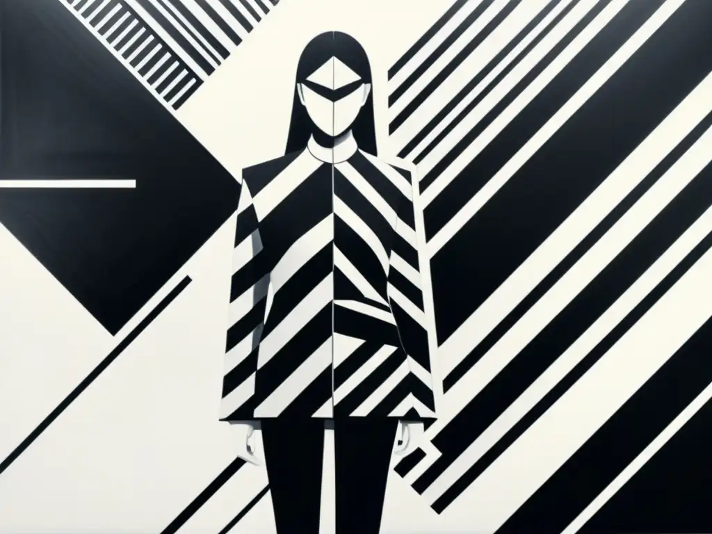 Pintura abstracta minimalista: líneas y formas geométricas Obra abstracta en blanco y negro con líneas y formas geométricas, evocando complejidad y modernidad, ideal para poesía experimental contemporánea
