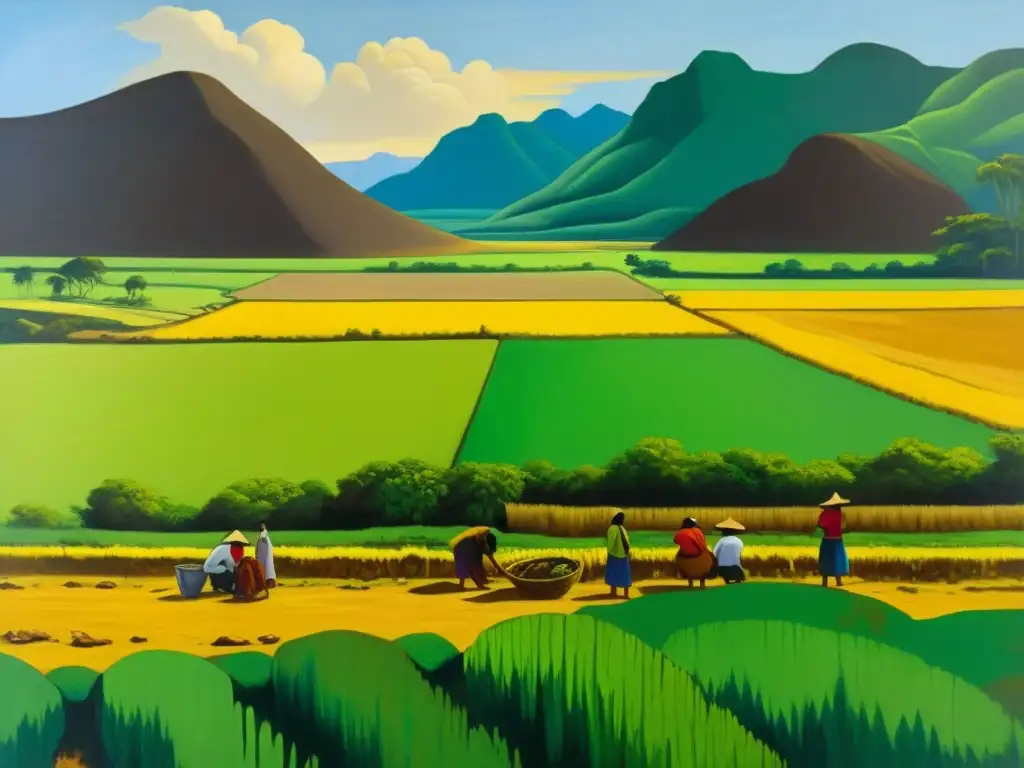 Obra de arte que refleja el realismo y naturalismo en América Latina, con paisaje rural y campesinos trabajando en los campos