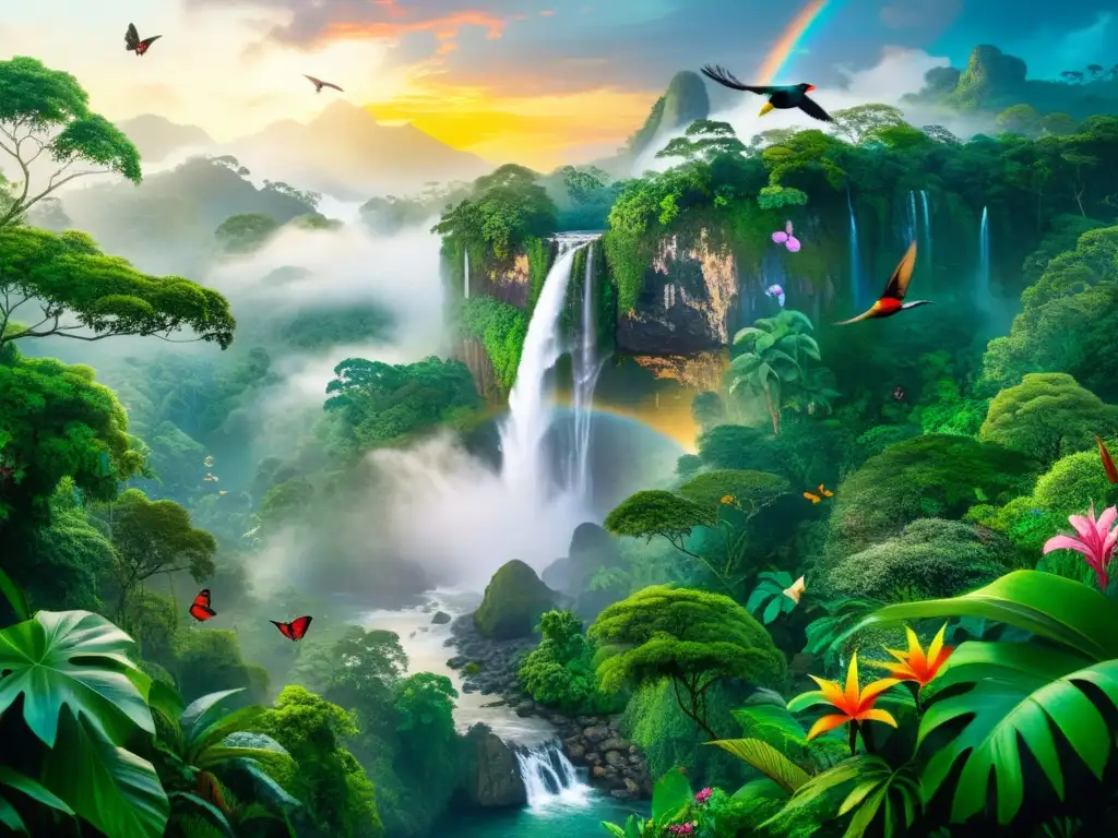 Obra de realismo mágico mito y realidad: exuberante selva tropical al anochecer, con cascada y aves en vuelo