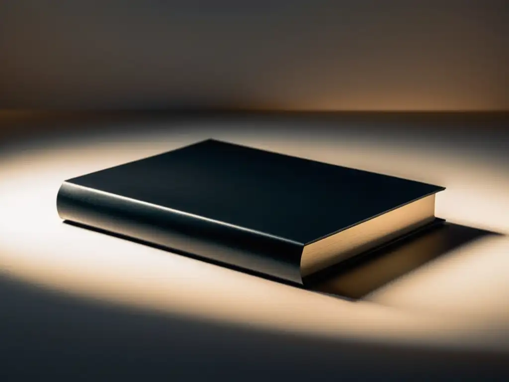 Promoción de tu obra con book trailers: Una imagen minimalista de un elegante libro negro, con luz suave que resalta su sofisticación literaria