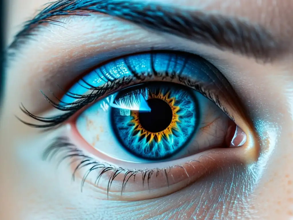 Un ojo humano con pupila dilatada y anillo azul brillante, explorando abismos de la mente humana en un thriller psicológico