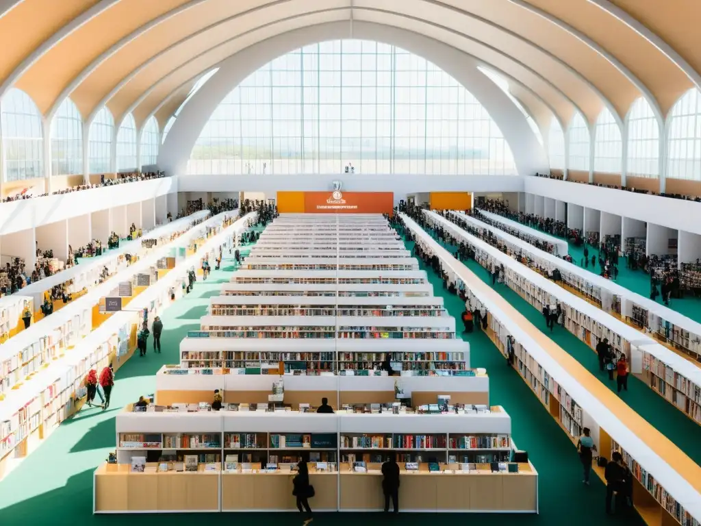 Oportunidades ferias libros escritores: Escenario luminoso de la Feria Internacional del Libro de Guadalajara con stands y multitud inmersa en cultura