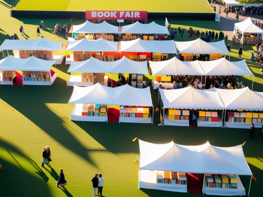 Oportunidades ferias libros escritores: Feria del libro bulliciosa con coloridas portadas, autores y lectores emocionados bajo el sol brillante