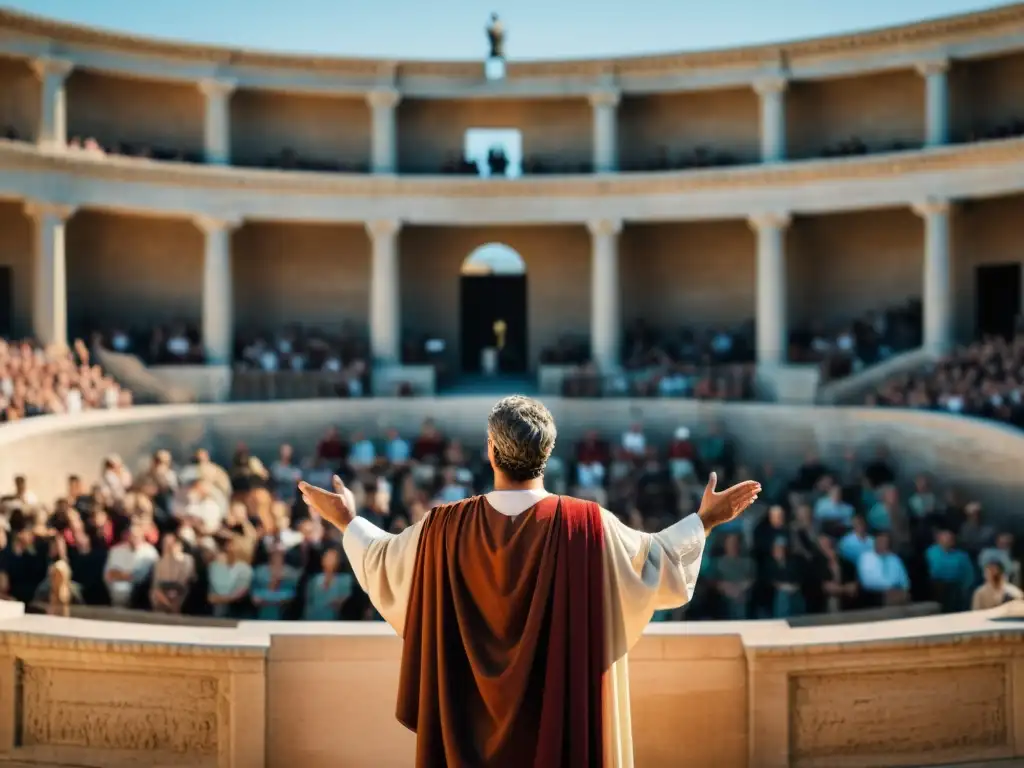 Orador romano apasionado pronunciando discurso en majestuoso anfiteatro, destacando la importancia de la declamación romana