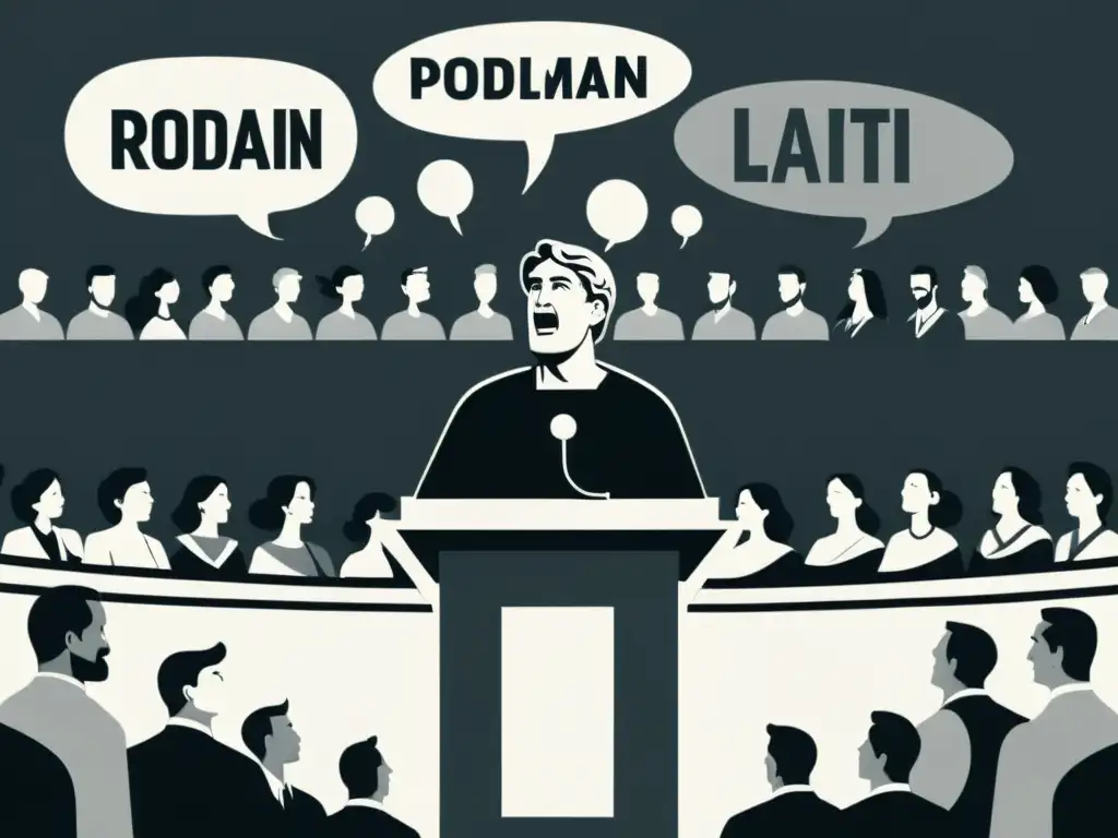 Un orador romano en un podio rodeado de una audiencia diversa con burbujas de discurso en latín