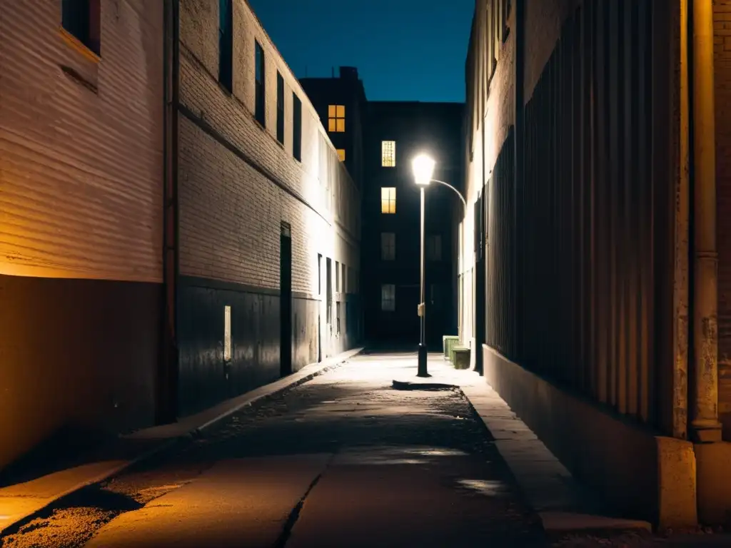 En la oscuridad de un callejón, la luz revela un edificio abandonado y graffiteado