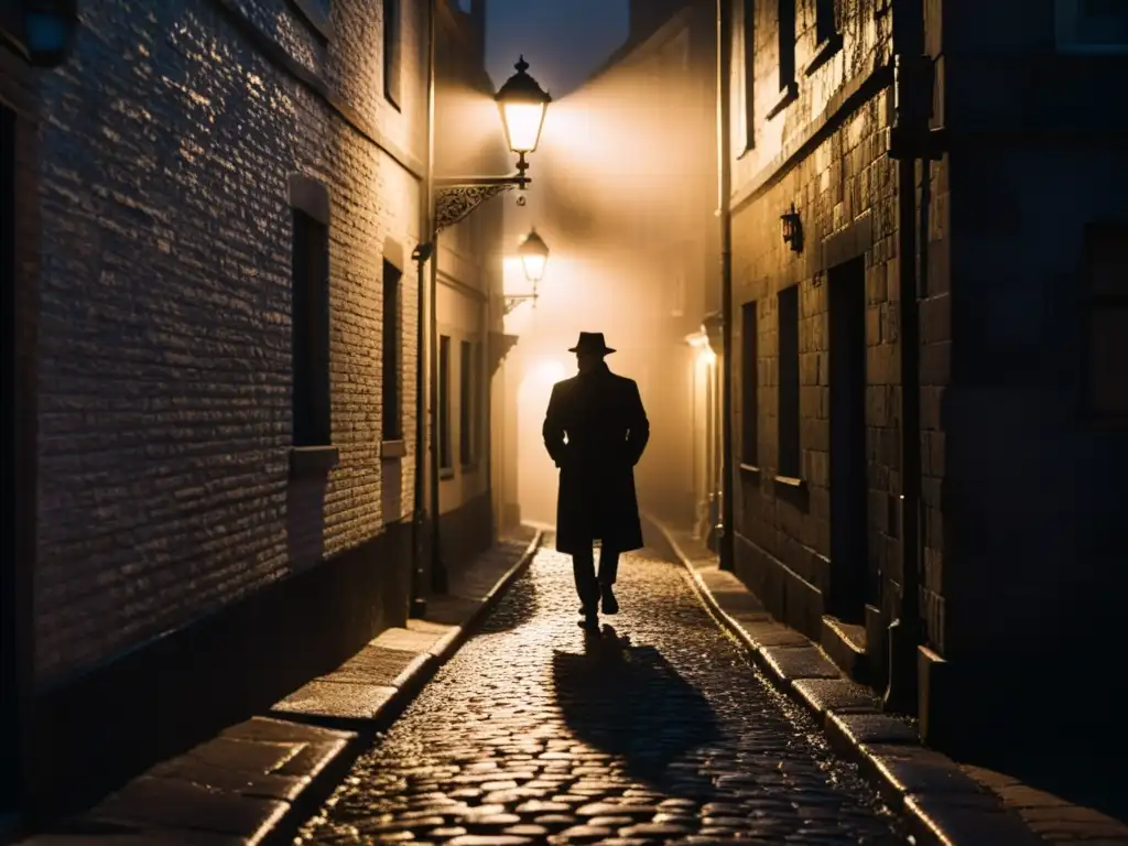 En la oscuridad de un callejón, la luz de la farola crea sombras dramáticas sobre el suelo empedrado