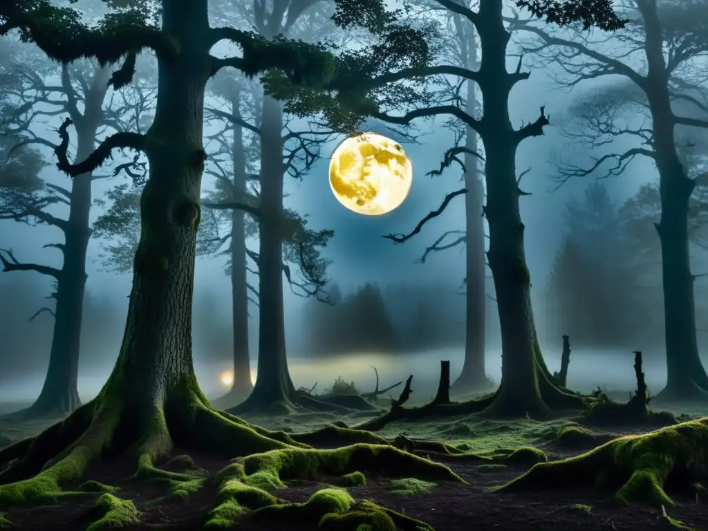 Un oscuro bosque misterioso con árboles retorcidos y una hermosa luna llena asomándose entre las ramas, iluminando el suelo cubierto de musgo