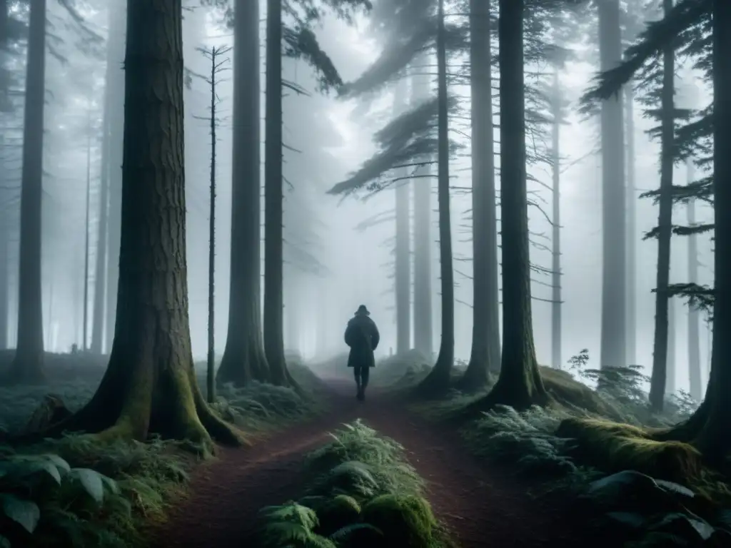 Un oscuro y neblinoso bosque con altos árboles y un sendero estrecho que se pierde en la distancia