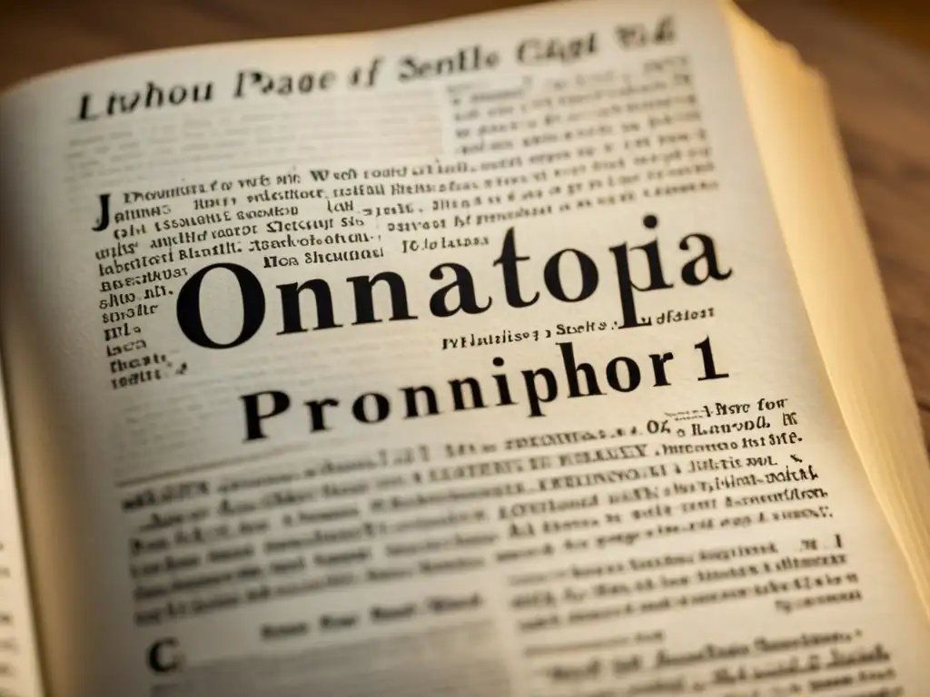 Una página de diccionario antiguo abierta en la entrada de 'onomatopeya', con detalles delicados y cálida iluminación, destacando 'registro onomatopeyas diccionarios'