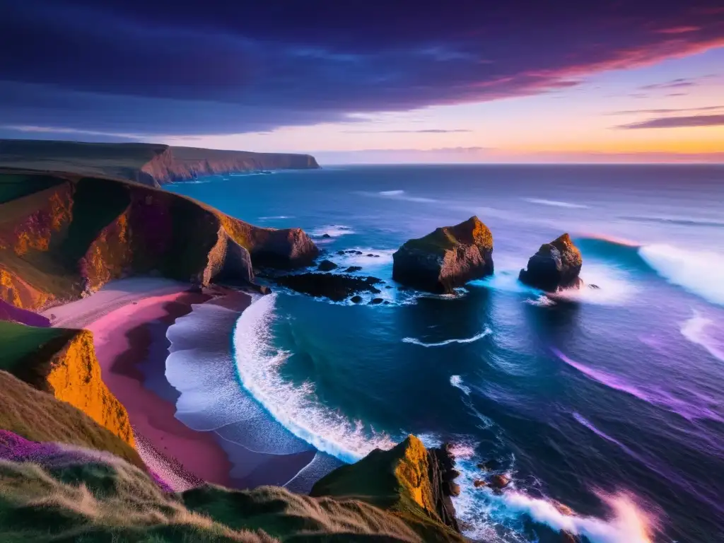 Un paisaje costero melancólico al atardecer, con olas rompiendo contra acantilados, una figura solitaria y un cielo pintado en tonos cálidos