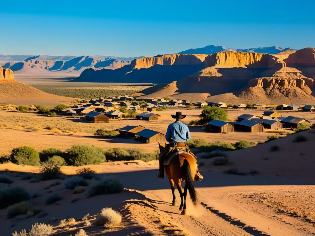 Un paisaje desértico vasto y agreste con un vaquero solitario a caballo