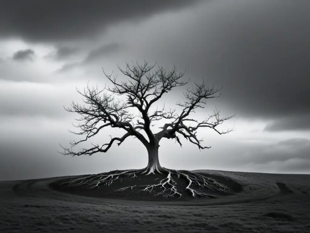 Un paisaje desolado en blanco y negro con un árbol retorcido