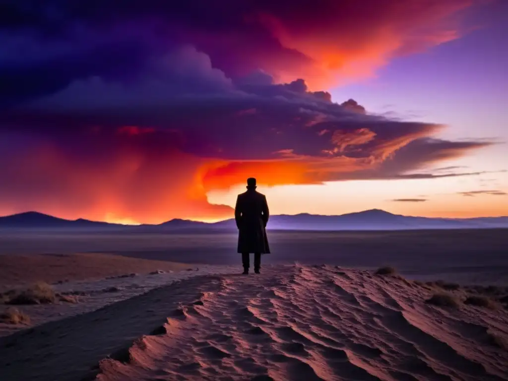 Un paisaje desolado con una figura solitaria y el cielo dramático de 'Madame Bovary', capturando el pesimismo luminoso de la obra