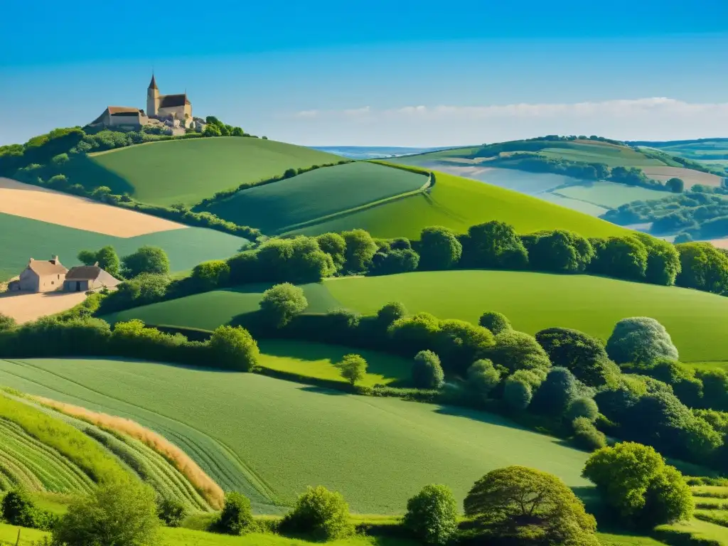 Un paisaje detallado del campo francés del siglo XIX evocando 'Madame Bovary'