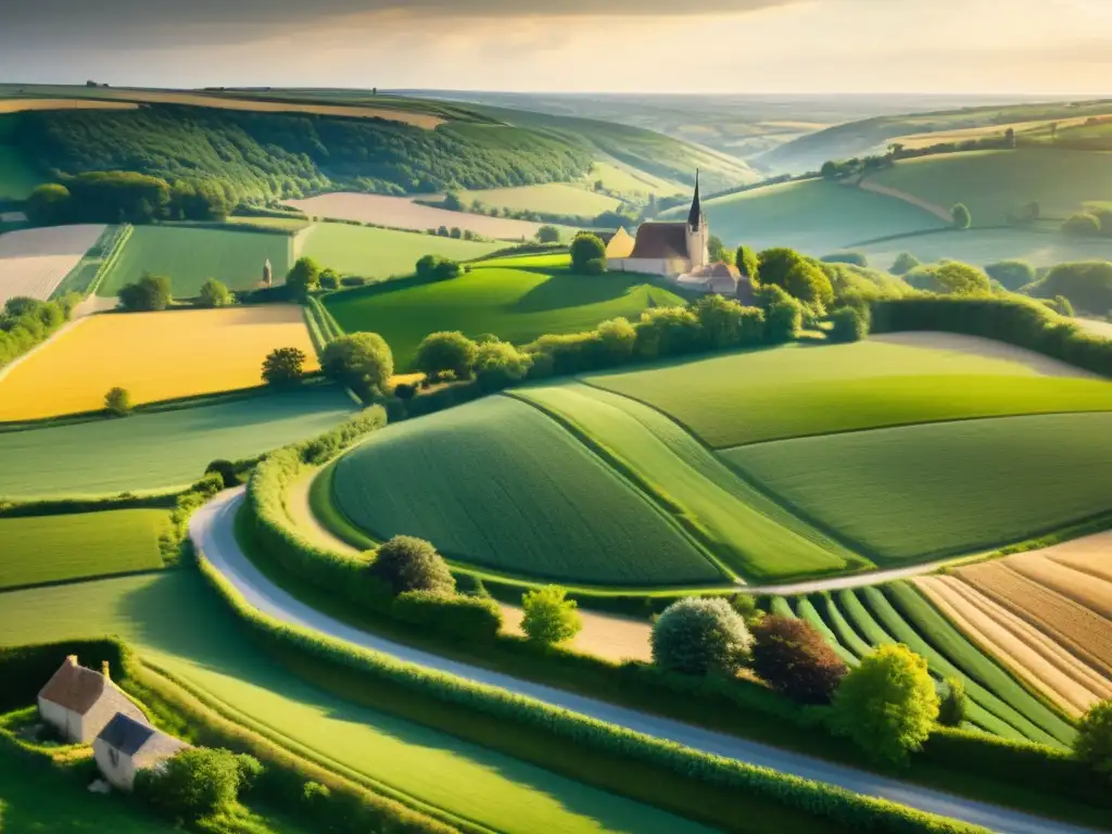 Un paisaje detallado y de ultra alta resolución del campo francés del siglo XIX, evocando el realismo literario en Madame Bovary