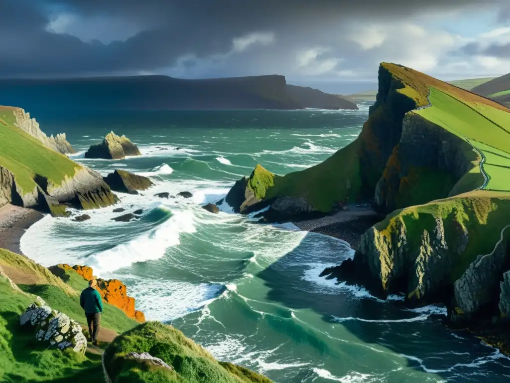 Un paisaje digital vibrante de la costa escarpada de Gales, con acantilados imponentes y olas rompientes bajo un cielo tormentoso