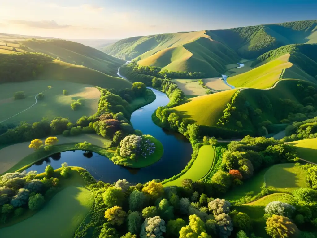 Un paisaje exuberante y vibrante se extiende ante el espectador, con un río serpenteante cortando la escena