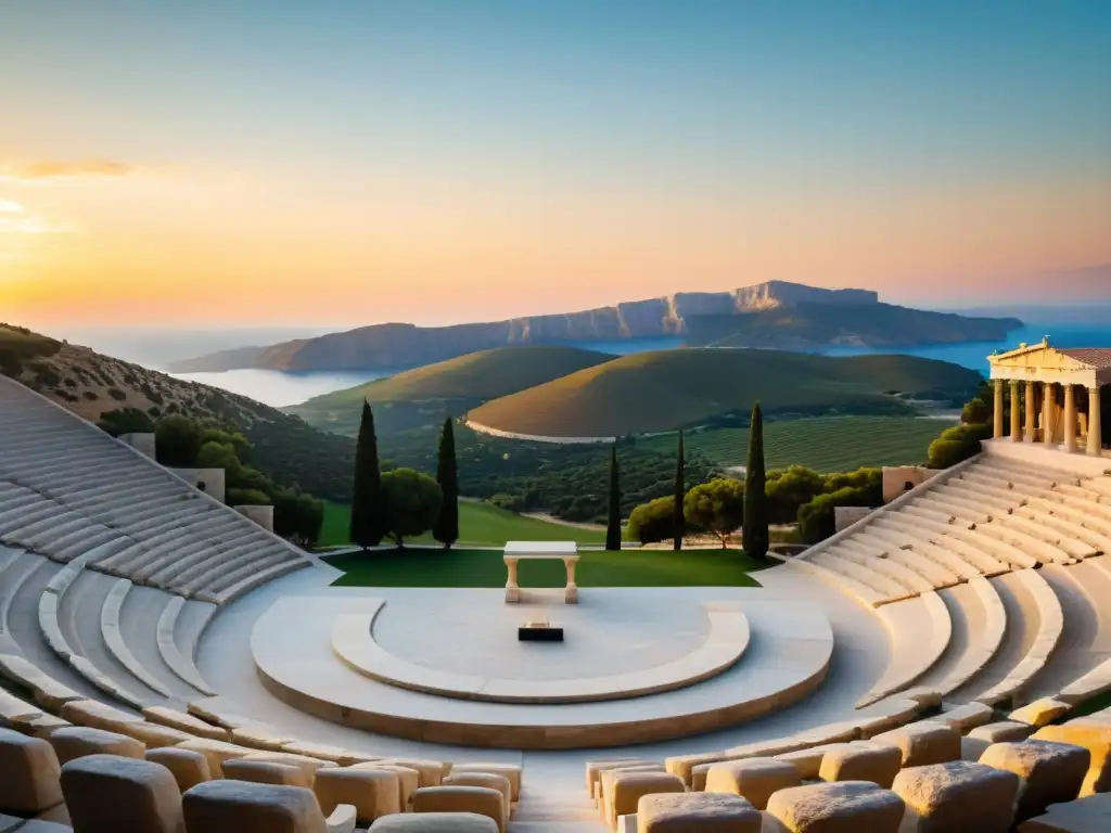 Paisaje griego con anfiteatro y escenario minimalista, bañado por la cálida luz del atardecer