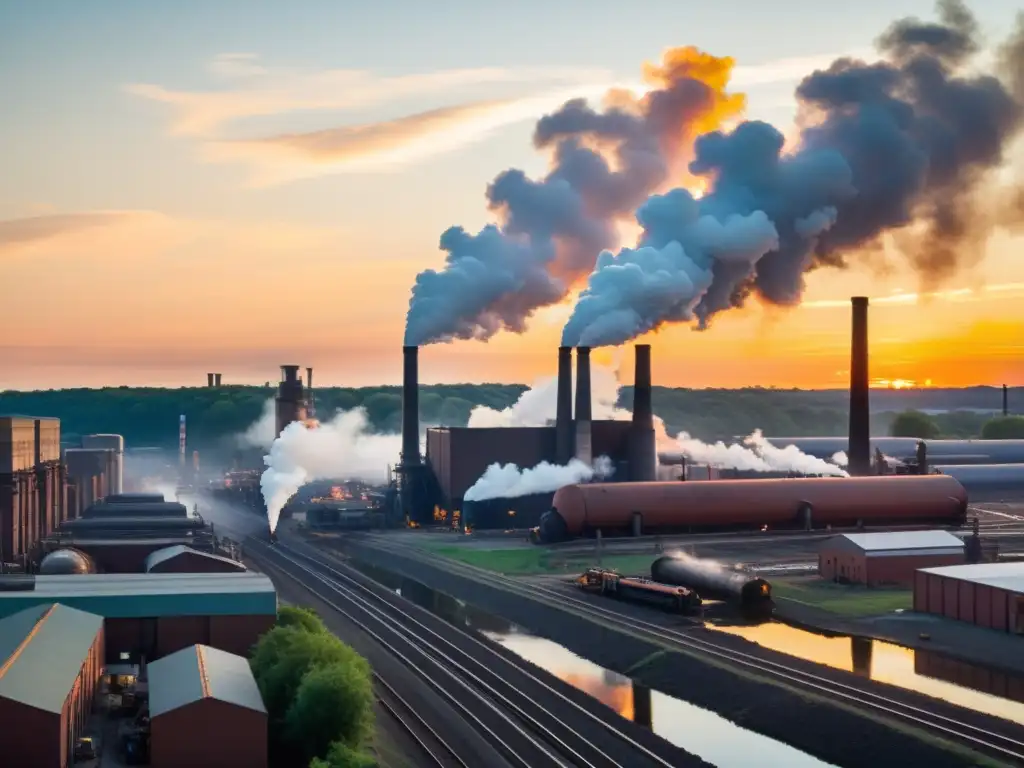 Un paisaje industrial del siglo XIX con fábrica humeante, río contaminado y tren