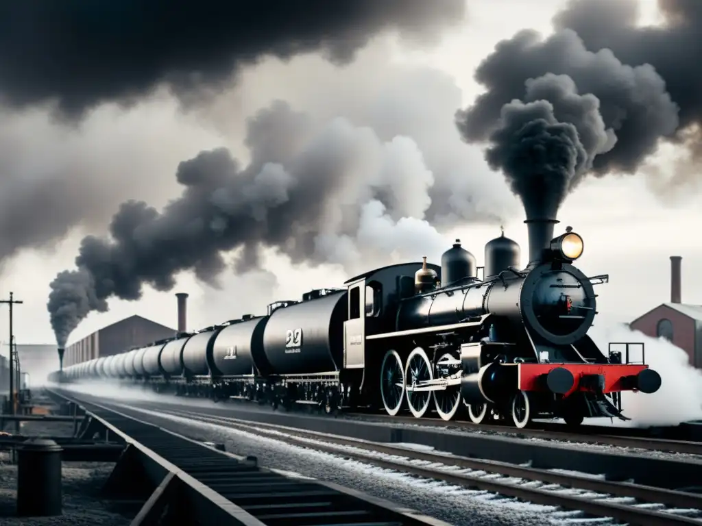 Vaporosa locomotora steampunk surca paisaje industrial Un paisaje industrial sombrío del siglo XIX, con una locomotora a vapor avanzando entre fábricas humeantes