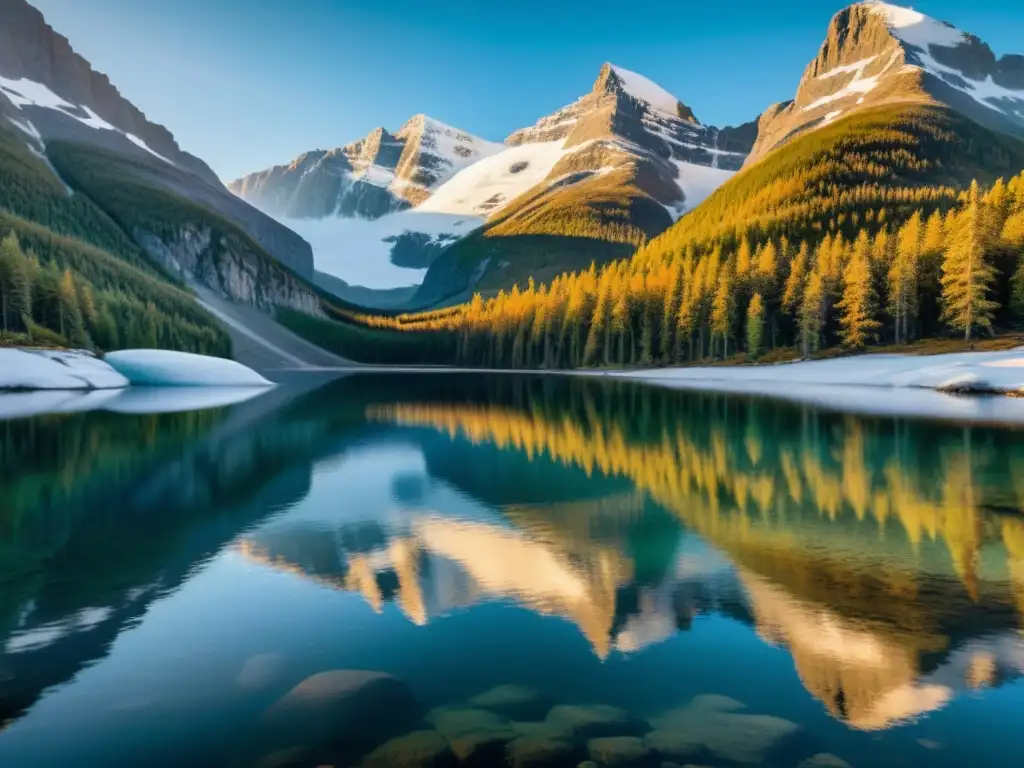 Un paisaje nórdico majestuoso con montañas nevadas, bosques de pinos y un lago sereno reflejando los colores del cielo