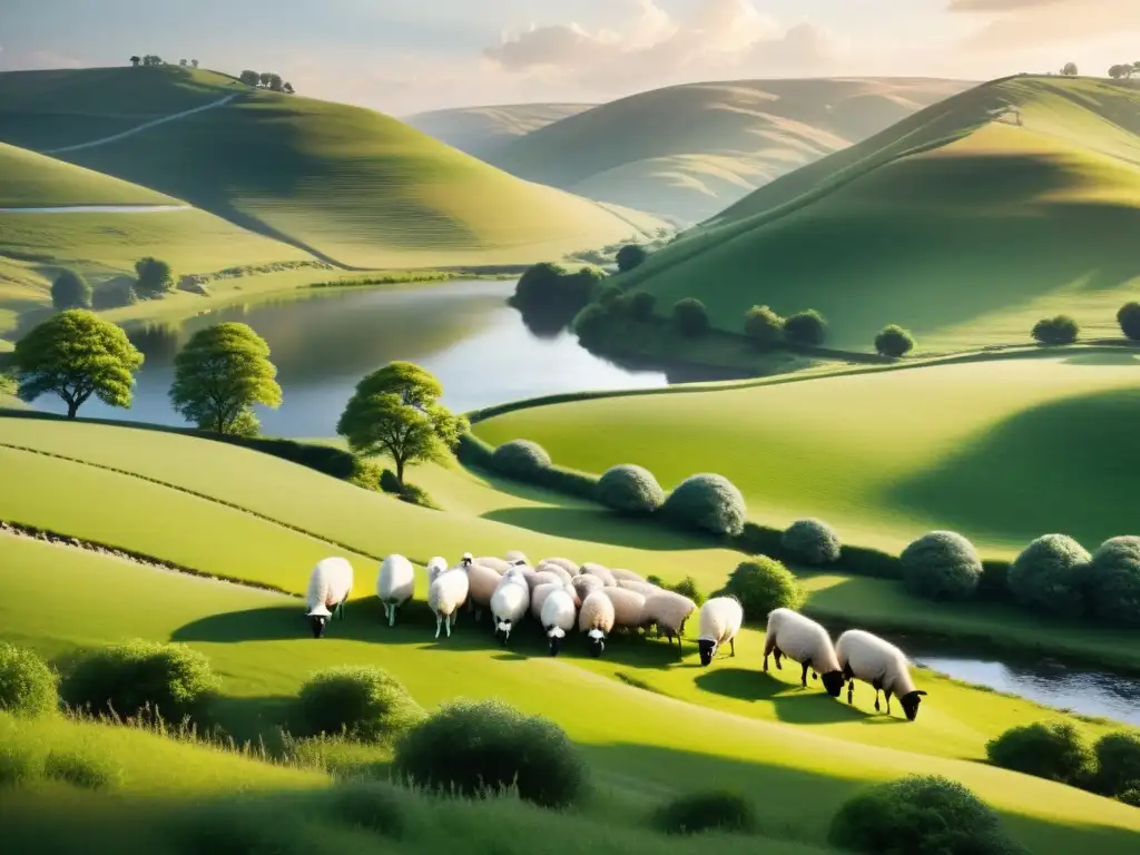 Paisaje pastoral renacentista en la poesía: prados verdes, colinas suaves, río sereno y ovejas pacíficas bajo el cálido atardecer