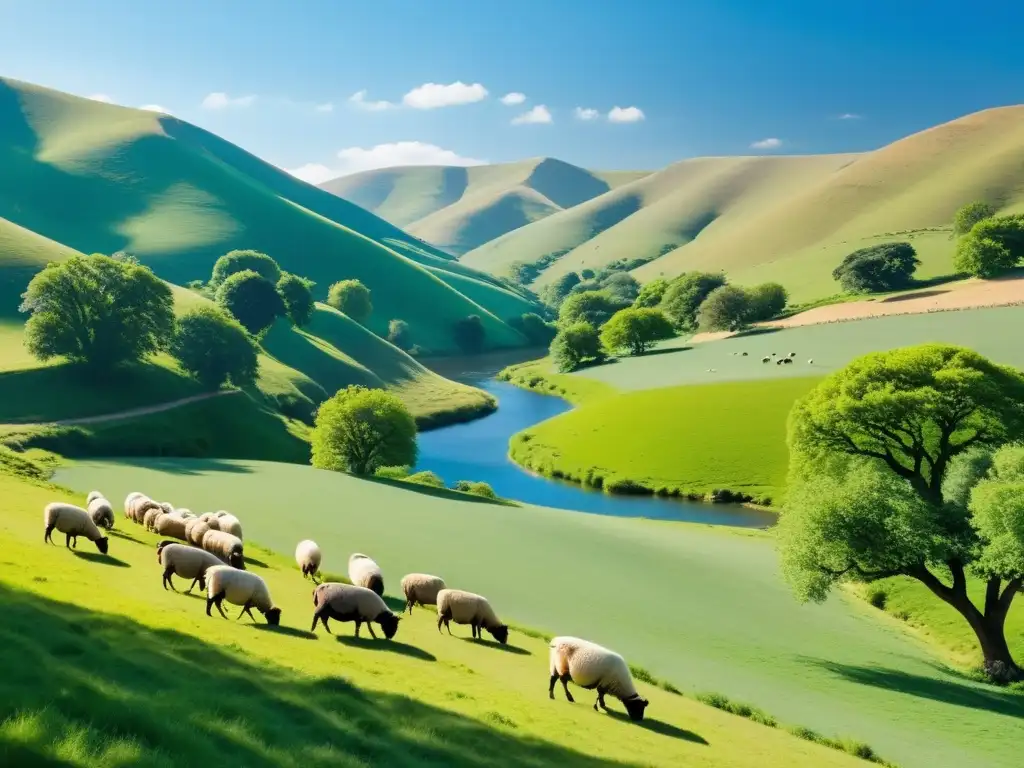 Un paisaje pastoral sereno con colinas verdes, un río tranquilo y un cielo azul