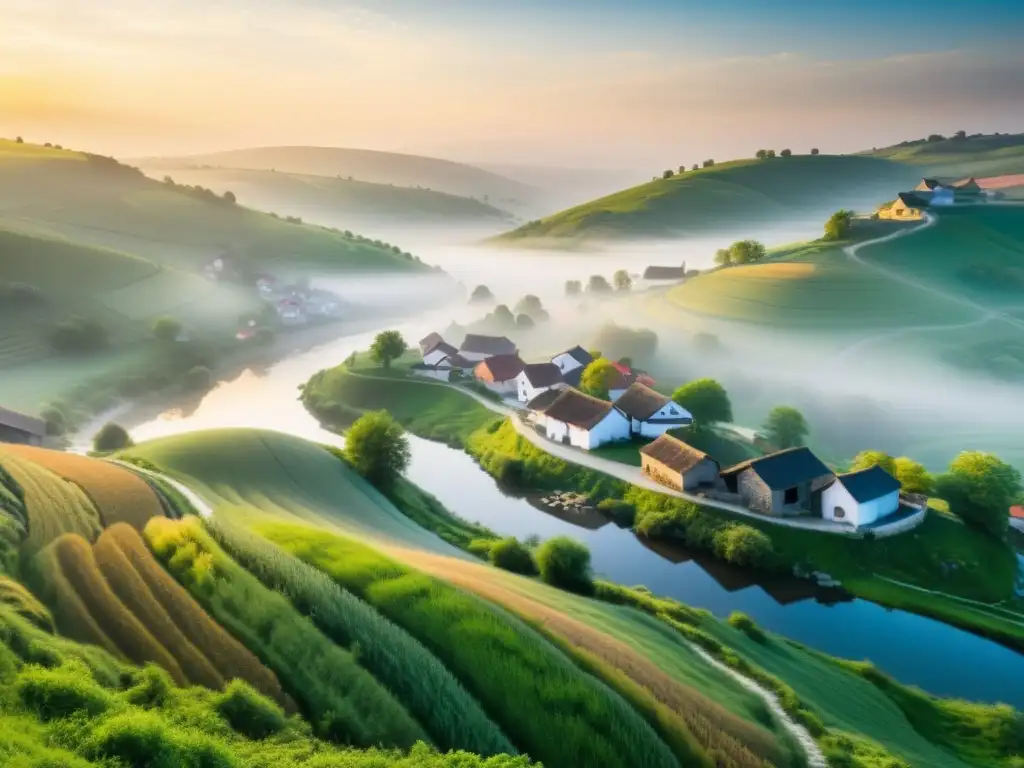 Un paisaje rural con pueblito y río, refleja realismo mágico en la literatura contemporánea