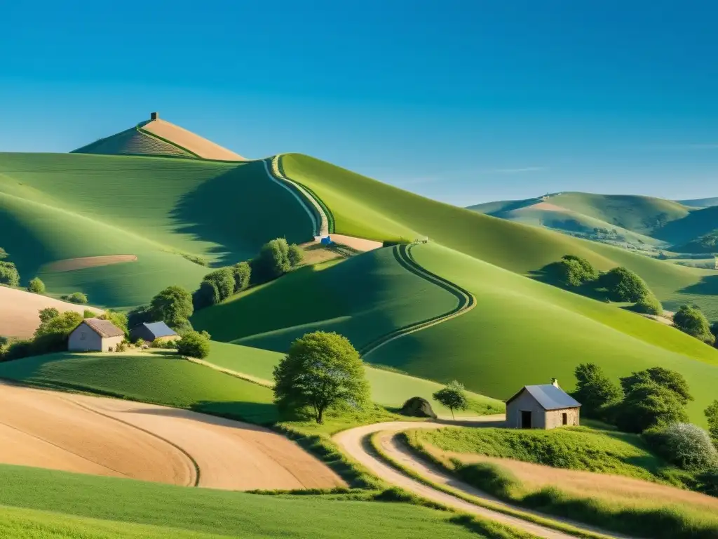 Paisaje rural sereno con cielo azul, pueblo entre colinas