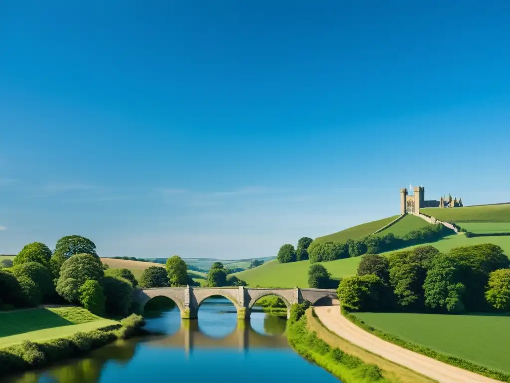 Un paisaje sereno de la campiña medieval inglesa, con colinas verdes y un río tranquilo