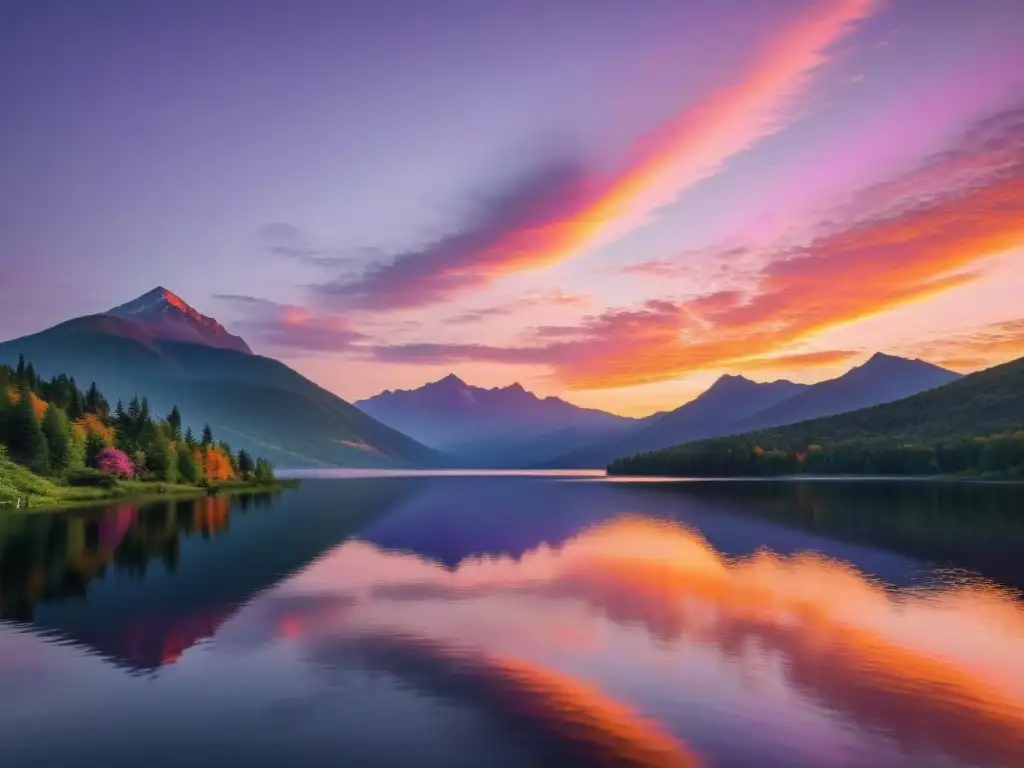 Paisaje sereno al atardecer: lago, montañas y cielo pastel Un paisaje sereno y etéreo con un lago tranquilo reflejando un impresionante atardecer