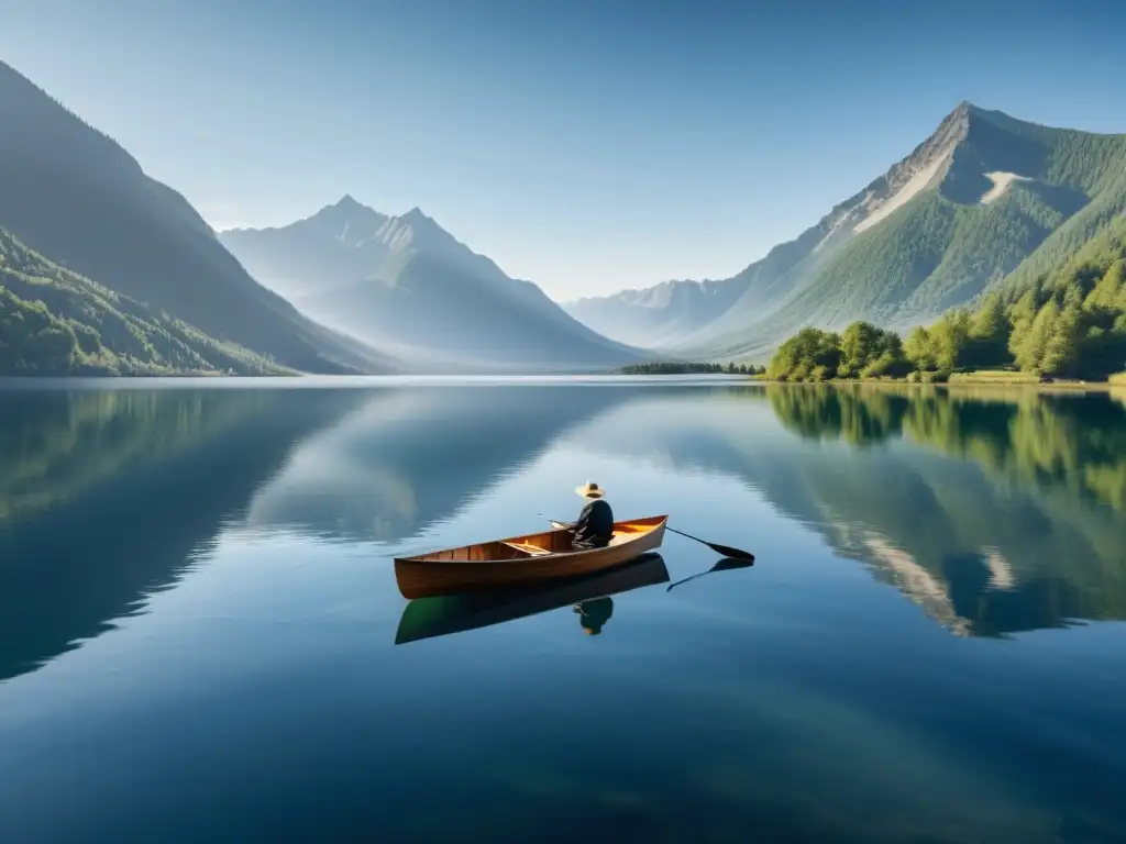 Un paisaje sereno de un lago tranquilo reflejando montañas, bajo un cielo azul, con un bote pequeño flotando en el agua