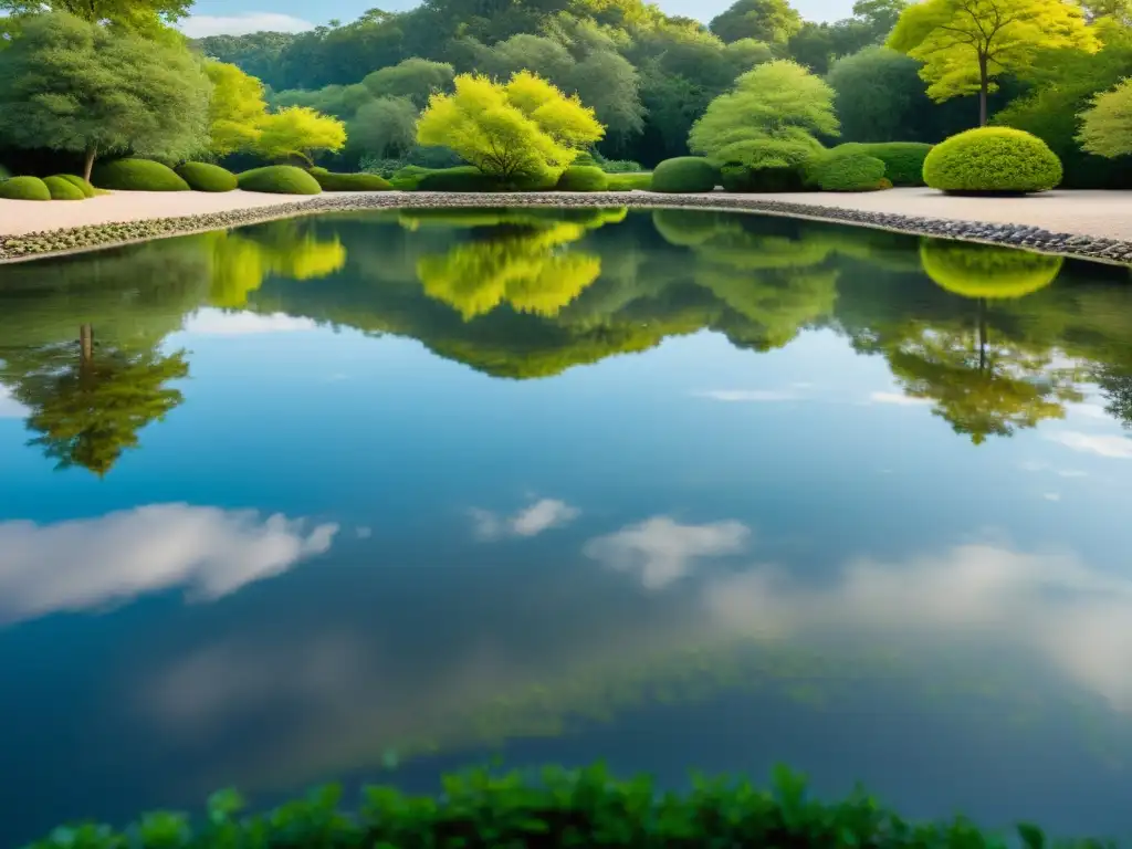 Un paisaje sereno y minimalista de un estanque rodeado de exuberante vegetación, con reflejos simétricos del cielo y los árboles