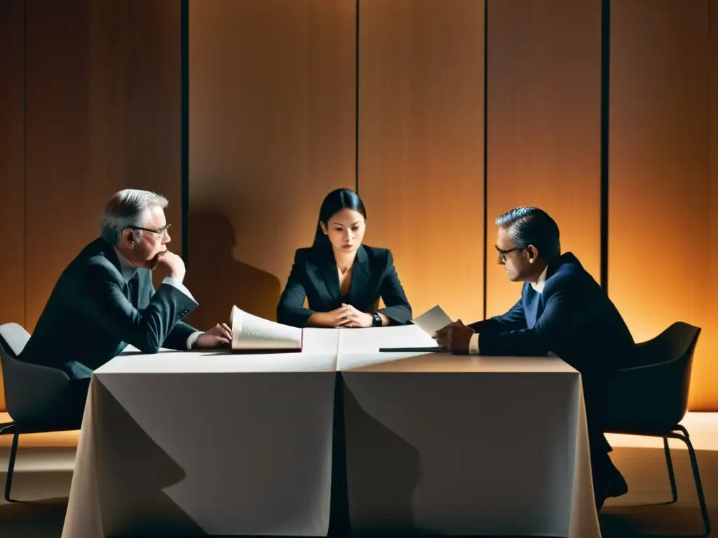 Un panel de jueces deliberando sobre obras literarias en una sala iluminada con intensidad y sombras, exudando profesionalismo y seriedad