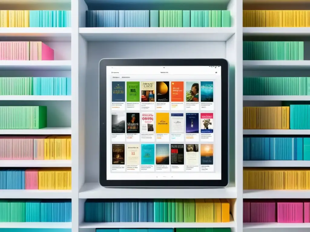 Una pantalla de tablet llena de coloridas portadas de ebooks organizadas de forma eficiente