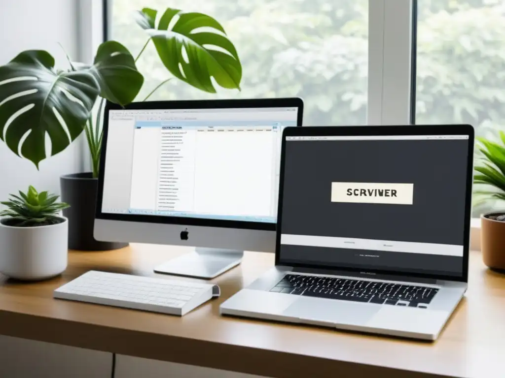 La evolución de Scrivener: pasado vintage, futuro moderno Dos pantallas de ordenador una antigua con Scrivener y otra moderna, en un espacio minimalista con café, plantas y cuadernos