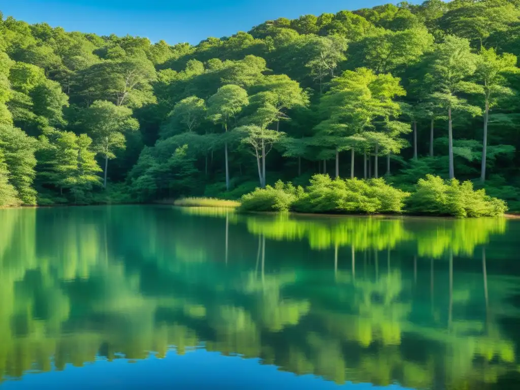 Papel de la naturaleza en Walden: Imagen serena del estanque rodeado de frondosos árboles, con agua reflectante y cielo azul