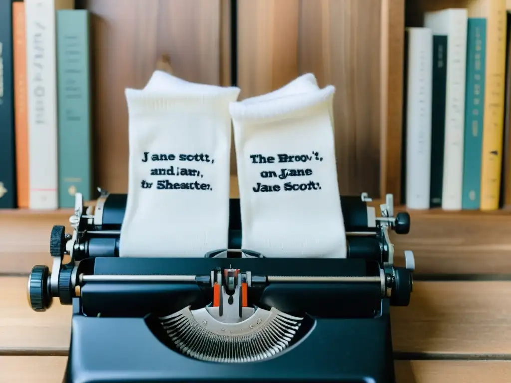 Un par de calcetines blancos minimalistas con un mensaje literario, junto a clásicos en una mesa de madera