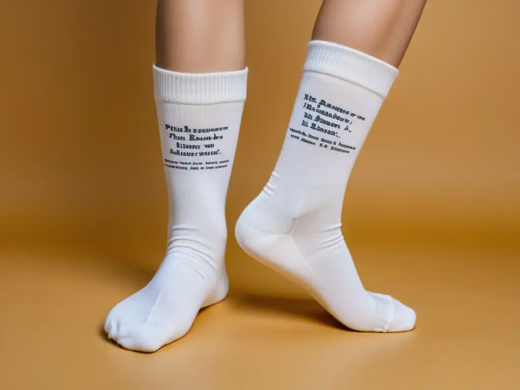 Par de calcetines blancos minimalistas con mensajes literarios elegantes impresos a lo largo del tobillo, inspirados en obras literarias famosas