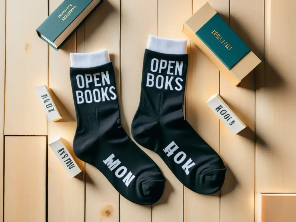 Un par de calcetines negros con diseño minimalista de libros abiertos y letras volando en un suelo de madera clara, con fondo blanco