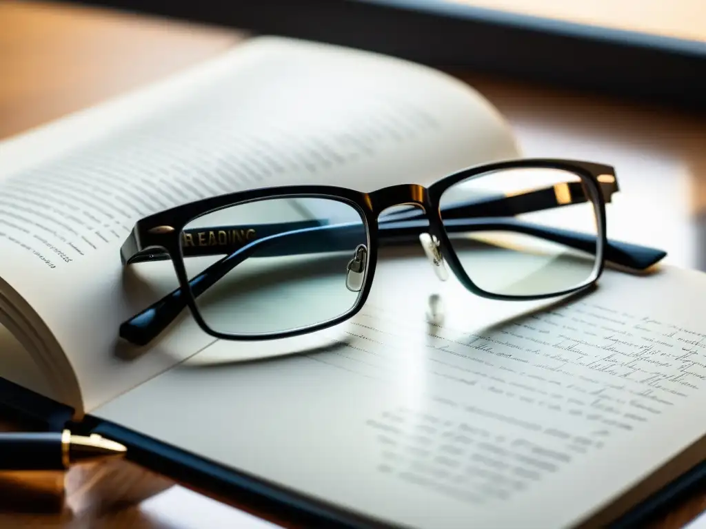 Un par de elegantes lentes de lectura negros sobre un cuaderno abierto, con un bolígrafo al lado