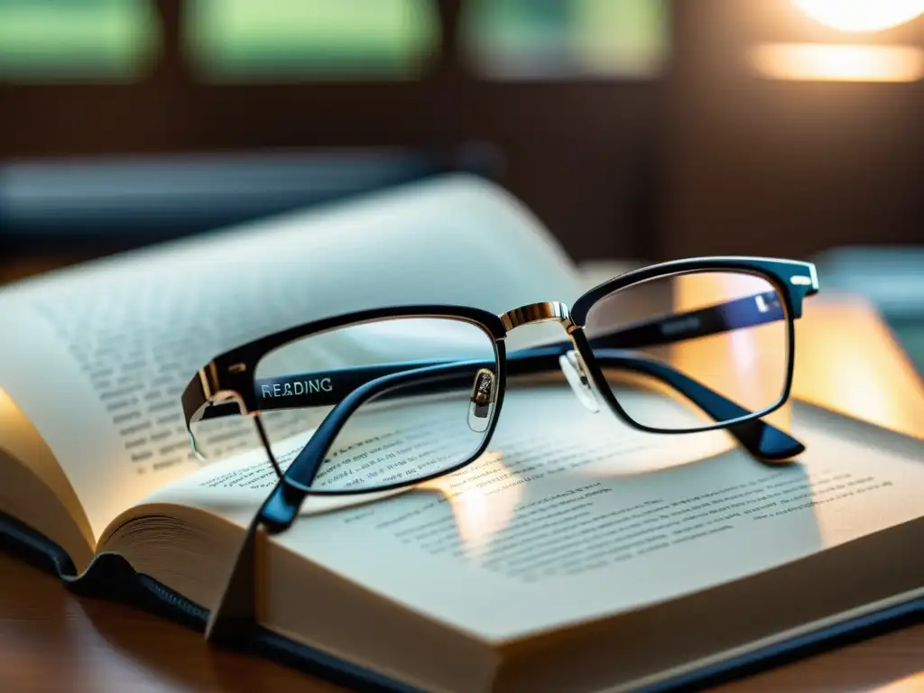 Un par de elegantes lentes de lectura para escritores descansan sobre un libro abierto, con una atmósfera serena y enfocada