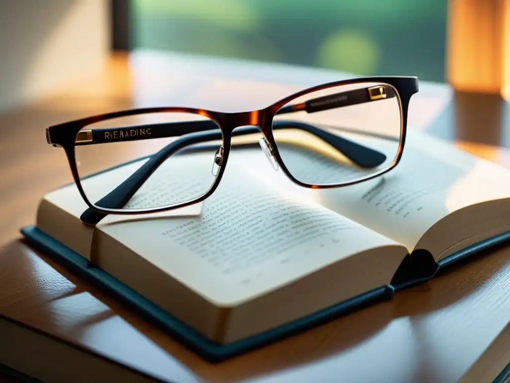 Un par de elegantes lentes de lectura descansando sobre un libro abierto, bañados por suave luz natural