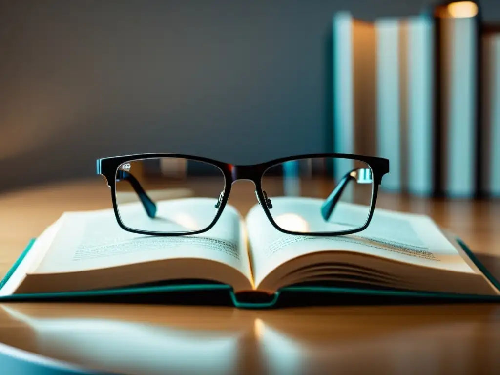 Un par de gafas descansando sobre un libro abierto, con páginas ligeramente borrosas al fondo