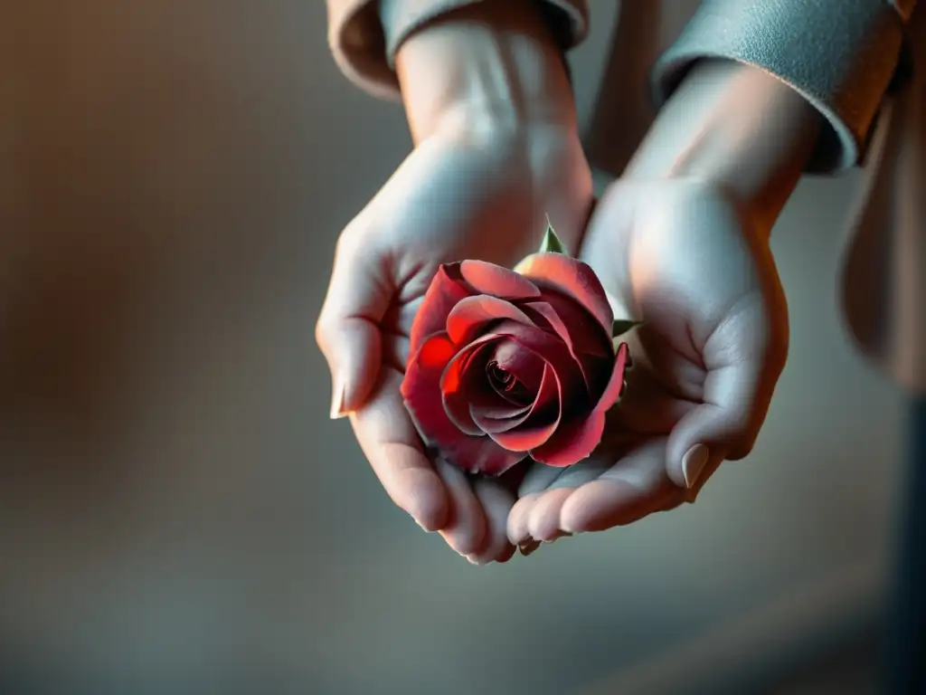 Un par de manos sostiene con delicadeza un pétalo de rosa roja, bañadas en suave luz natural