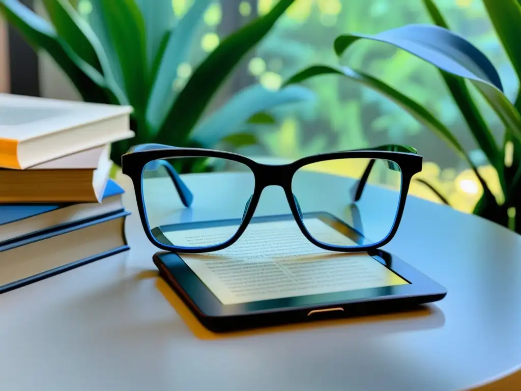 Un par moderno de gafas bloqueadoras de luz azul sobre un lector electrónico, libros y planta al fondo