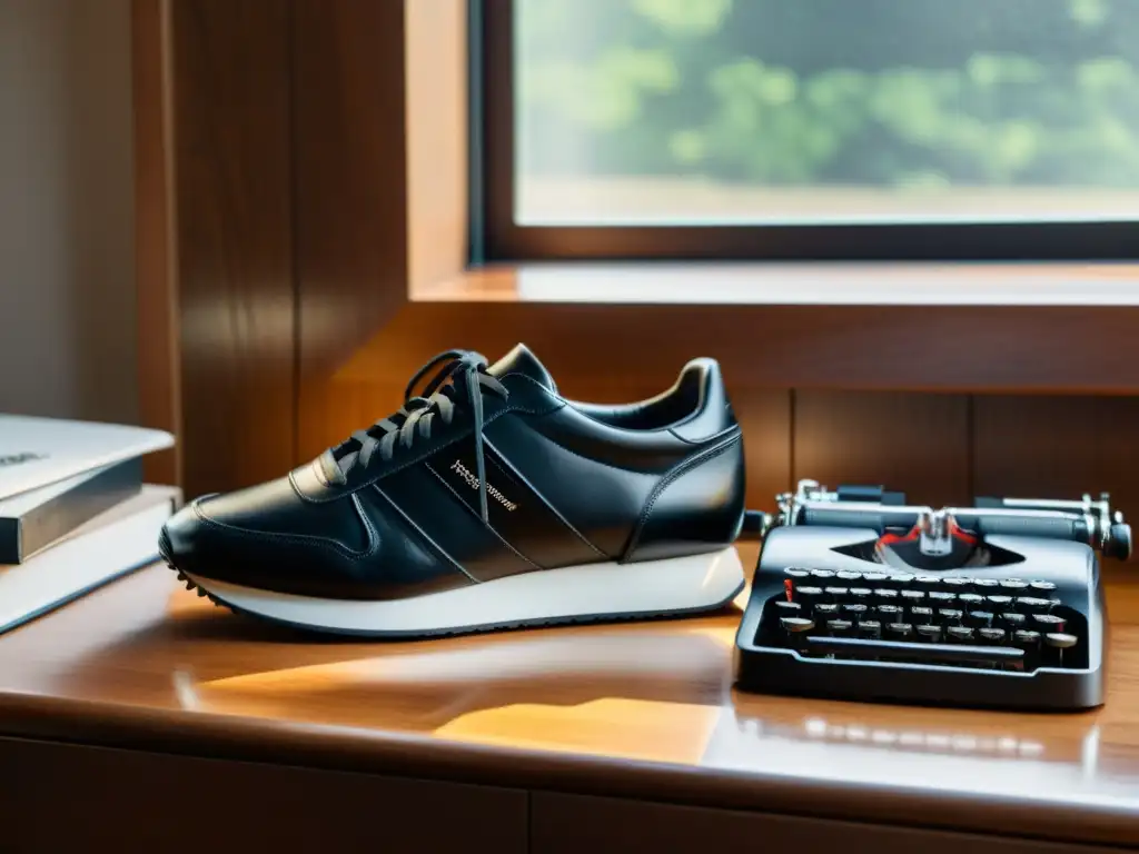 Un par de zapatillas cómodas para escritores en un escritorio de madera, junto a una máquina de escribir vintage, iluminadas por una suave luz cálida