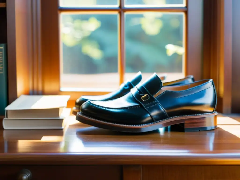 Un par de zapatillas de cuero negro descansando sobre un escritorio de madera, rodeadas de libros y una máquina de escribir vintage