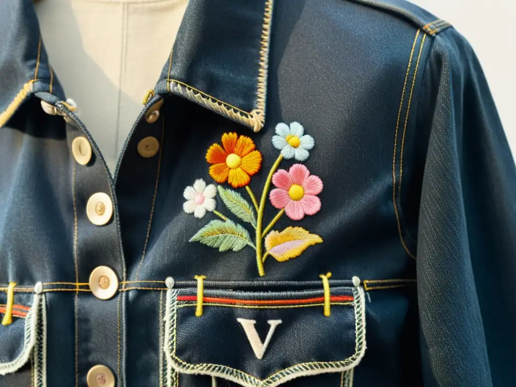 Chaqueta de mezclilla con parche de máquina de escribir vintage bordado Parches literarios personalizados: Detalle de un parche de máquina de escribir vintage bordado en una chaqueta de mezclilla negra